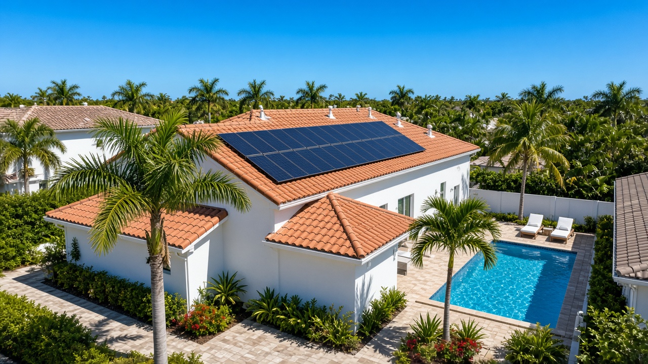 Aerial view of a white stucco house with a small rooftop solar array, a swimming pool, and palm trees.